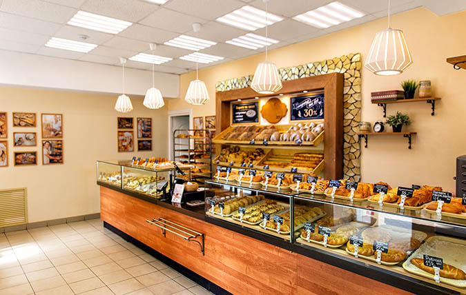 interior of bakery shop with bright light